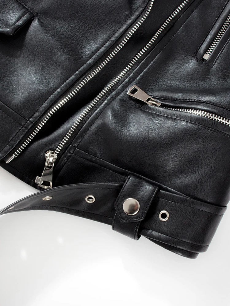 Lady New Spring Autumn Women Black Pu Faux Soft Leather Jacket with Belt Motorcycle Biker Basic Slim Fit Coat Outwear Tops - Image 4