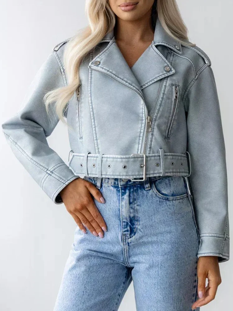 Lady Spring Autumn Women Retro Blue Faux Leather Jacket Streetwear Female Zipper Belt Coat Vintage Outwear - Image 4