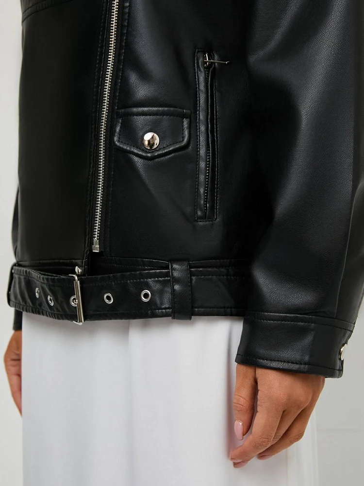 Lady Streetwear Women Moto Biker Loose Black Pu Faux Leather Jacket Spring Autumn Female Zipper Belt Coat Outwear - Image 6