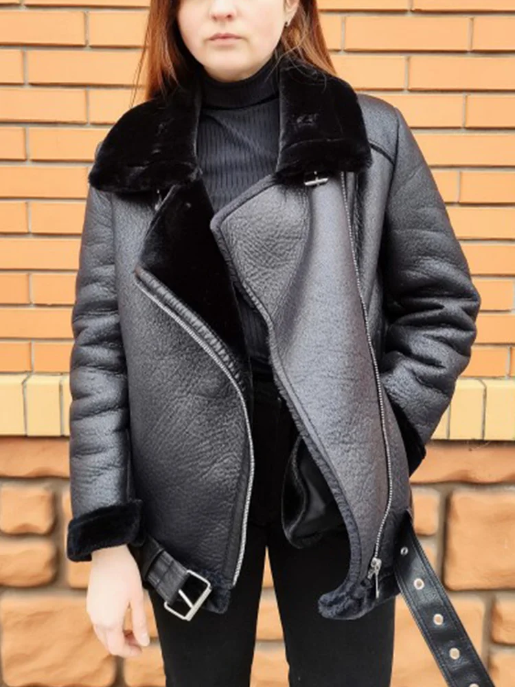 Lady Winter Coats Women Thickness Faux Leather Fur Sheepskin Female Fur Leather Jacket Aviator Outwear Casaco Feminino - Image 3