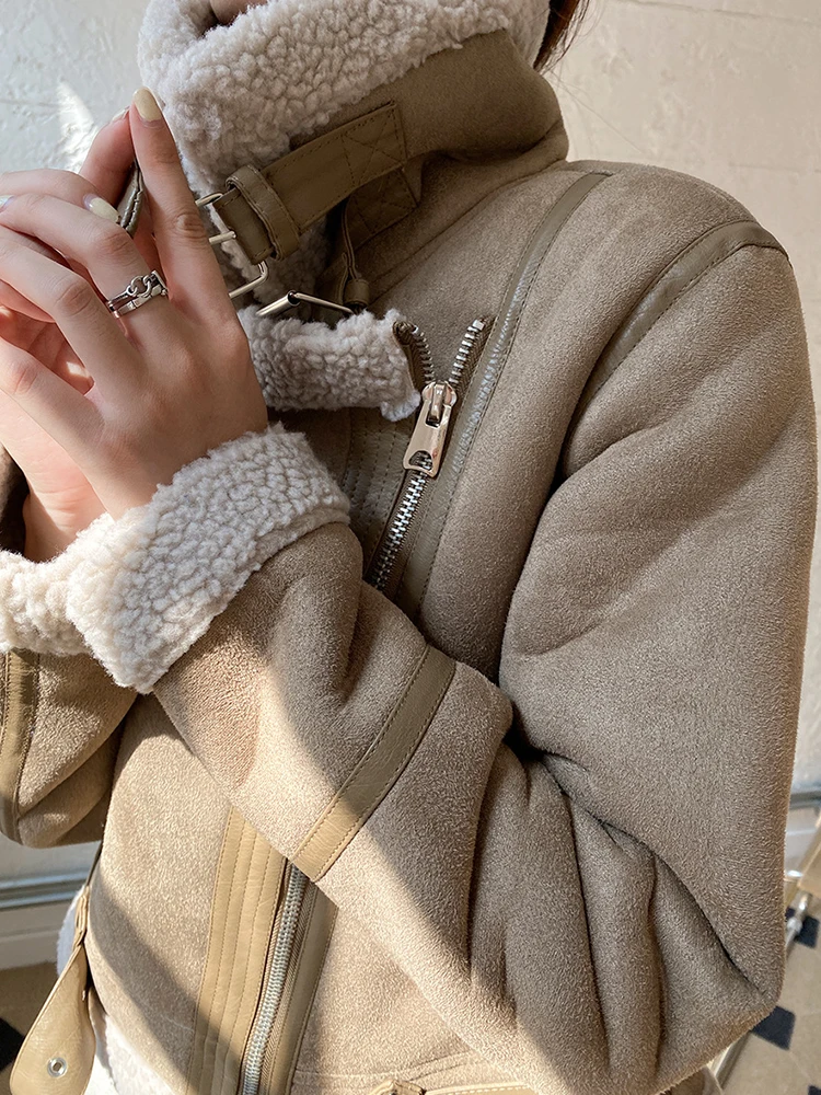 Lady Streetwear Women Retro Slim Thick Warm Faux Suede Leather Fur Short Jacket Moto Biker Female Zipper Belt Coat Outwear - Image 3