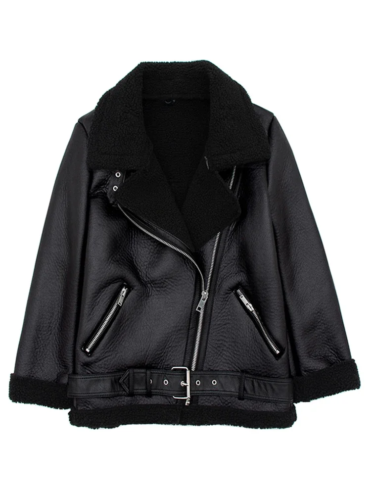 Lady New Women Lamb Fur Faux Leather Jacket Coat Turn Down Collar Winter Thick Warm Zipper With Belt Outerwear - Image 6