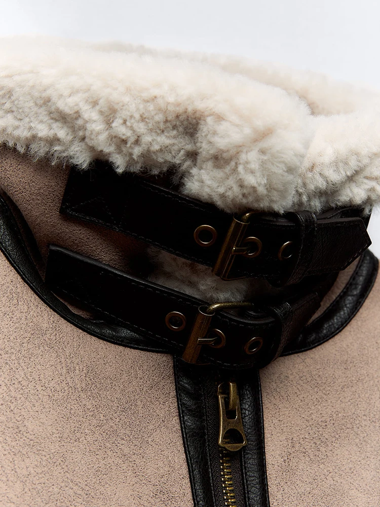 Lady Streetwear Women Retro Loose Spliced Faux Leather Soft Fur Short Jacket Winter Female Zipper Belt Coat Vintage Outwear - Image 3