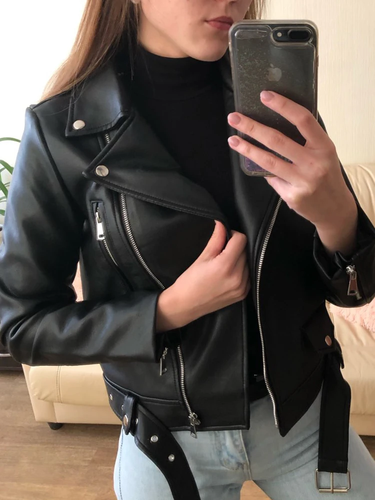 Lady Spring Autumn Women Moto Biker Black Pu Fuax Leather Jacket Streetwear Female Belt Zipper Slim Fit Short Coat Outwear - Image 4