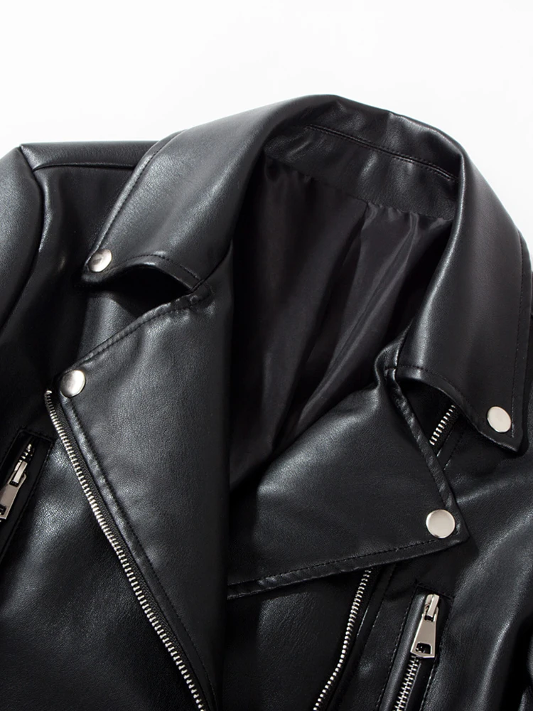 Lady New Spring Autumn Women Black Pu Faux Soft Leather Jacket with Belt Motorcycle Biker Basic Slim Fit Coat Outwear Tops - Image 3