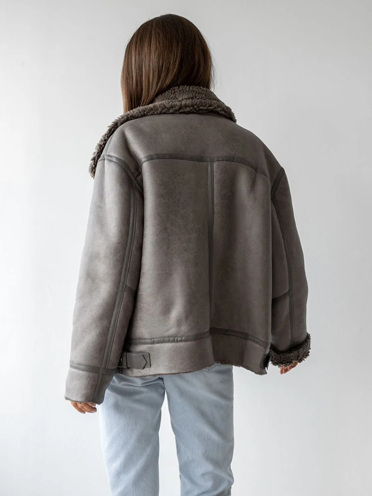 Lady Autumn Winter Women Loose Thick Warm Faux Suede Leather Fur Jacket Streetwear Female Vintage Spliced Coat Chic Outwear - Image 3