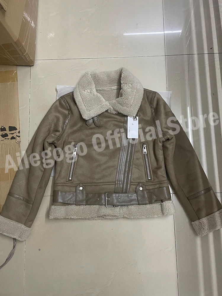 Lady Women Winter Faux Shearling Sheepskin Leather Jackets Female Thick Warm Suede Lambs Short Motorcycle Brown Coat Outwear - Image 6