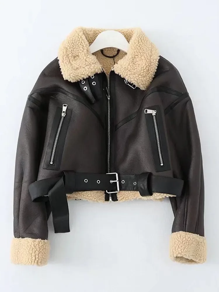 Lady Winter Women Streetwear Faux Lamb Leather Fur Short Jacket with Belt Moto Biker Thick Warm Sheepskin Coat Outwear