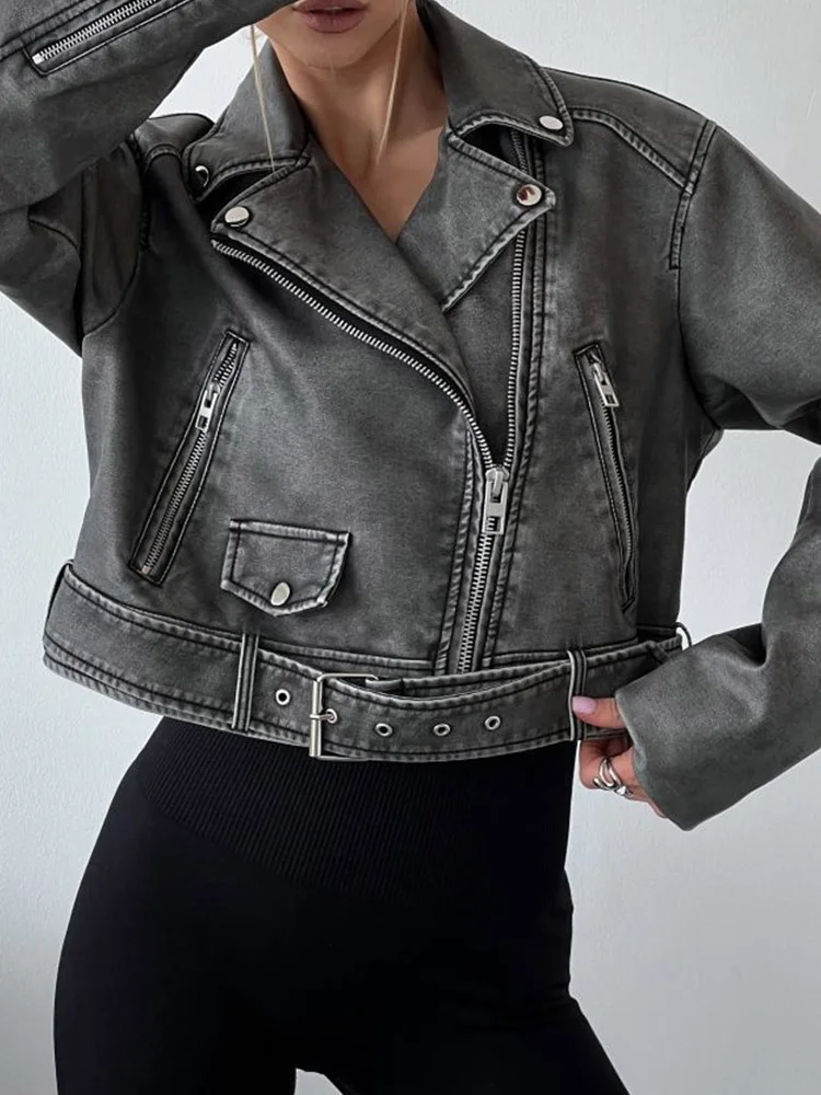 Lady Streetwear Women Retro Loose Zipper Pu Faux Leather Short Jacket Vintage Female Belt Moto Biker Chic Coat Outwear Tops - Image 2