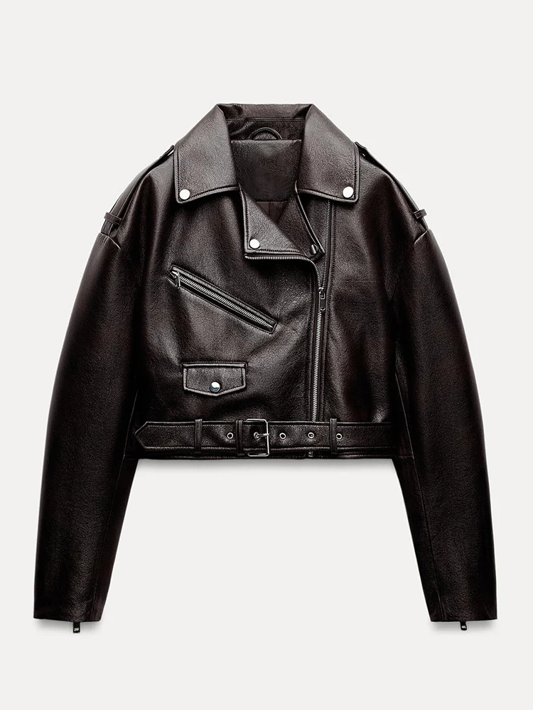 Lady Spring Autumn Women Retro Short Pu Faux Soft Leather Jacket Vintage Female Belt Zipper Coat Moto Biker Outwear