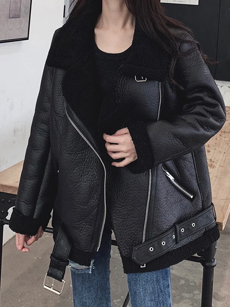 Lady New Women Lamb Fur Faux Leather Jacket Coat Turn Down Collar Winter Thick Warm Zipper With Belt Outerwear - Image 3