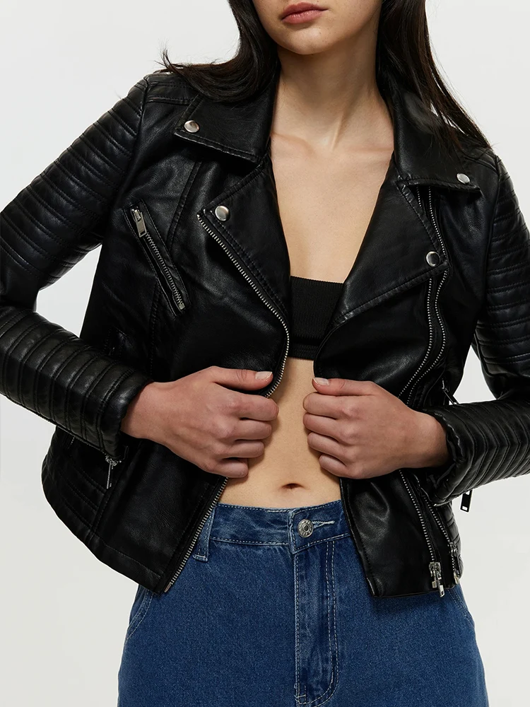 Lady Spring Autumn Women Slim Fit Moto Biker Pu Faux Leather Jacket Streetwear Female Zipper Coat Outwear - Image 3