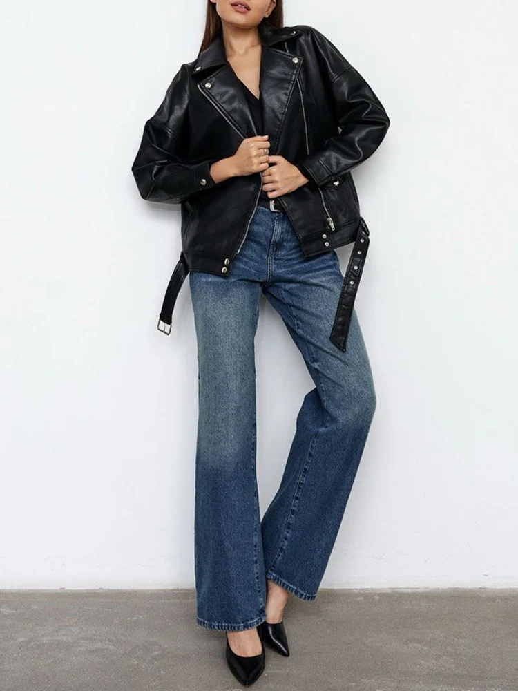 Lady Spring Autumn Women Black Loose Pu Faux Leather Jacket Streetwear Female Moto Biker Zipper Belt Coat Outwear - Image 5