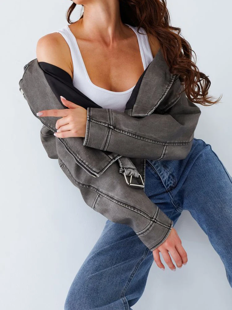 Lady Vintage Women Streetwear Short Pu Faux Leather Jacket Spring Autumn Female Zipper Belt Moto Biker Coat Outwear - Image 3