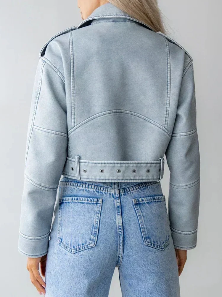 Lady Spring Autumn Women Retro Blue Faux Leather Jacket Streetwear Female Zipper Belt Coat Vintage Outwear - Image 5