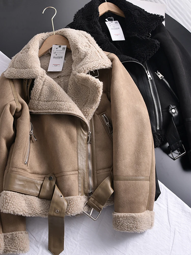 Lady Winter Women Thick Warm Suede Lamb Jacket Short Motorcycle Brown Coats Faux Shearling Sheepskin Leather Jackets Outwear