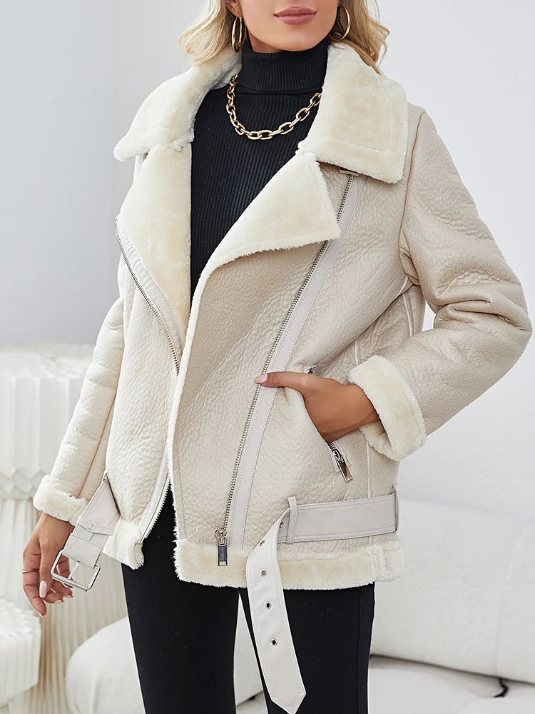 Lady Streetwear Women Thick Warm Fuax Leather Fur Jacket with Belt Autumn Winter Female Moto Biker Loose Coat Outwear - Image 3