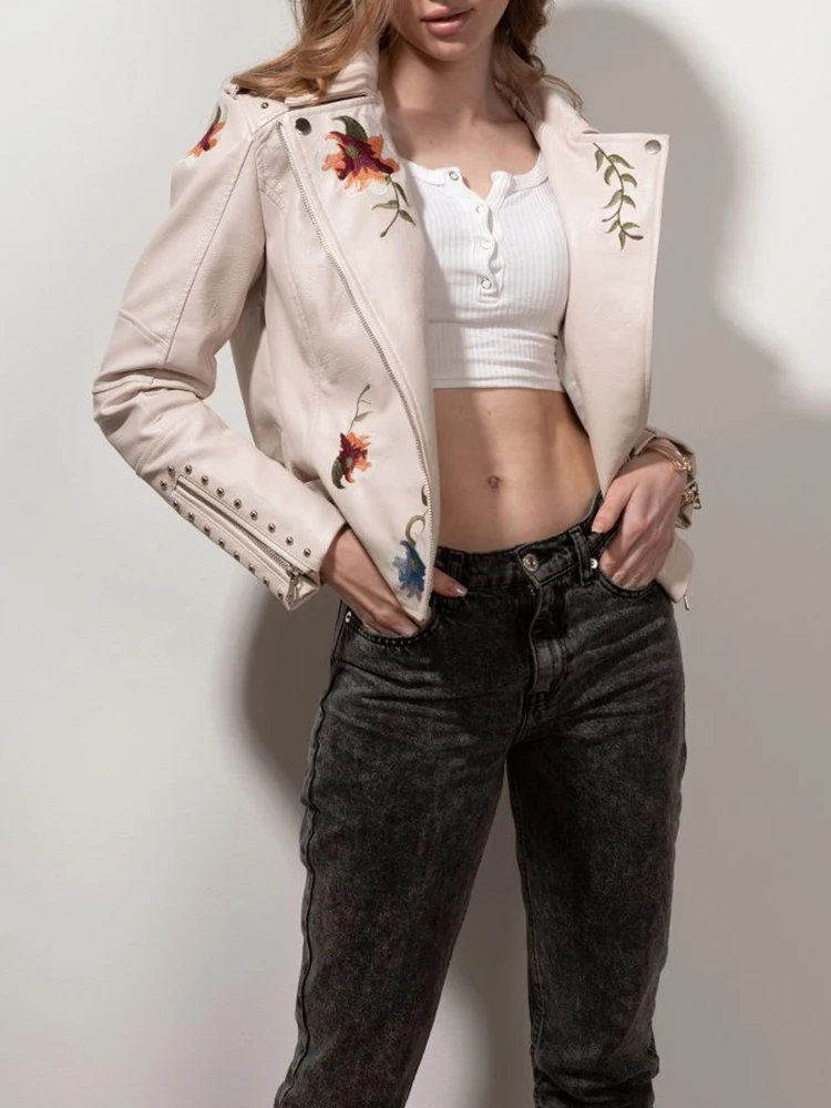 Lady Spring Autumn Women Retro Floral Print Embroidery Faux Leather Jacket Vintage Female Zipper Rivet Coat Outwear Tops - Image 6