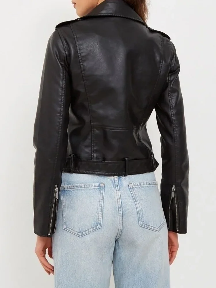 Fitaylor Spring Autumn Women PU Leather Jacket Casual Lady Lapel Zipper Moto Biker Jacket Vintage Female Outwear with Belt - Image 5