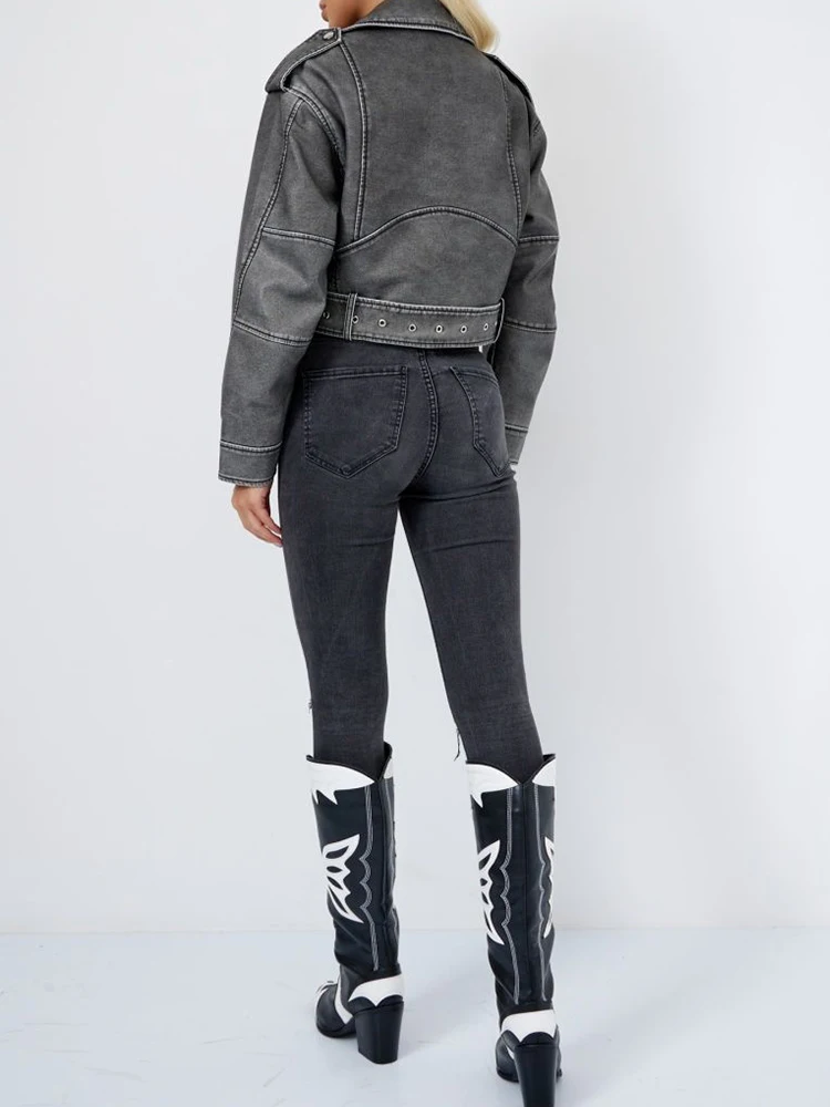 Lady Streetwear Women Loose Retro Zipper Faux Leather Short Jacket with Belt Vintage Female Moto Biker Coat Chic Outwear - Image 5