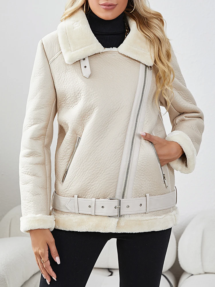 Lady Streetwear Women Thick Warm Fuax Leather Fur Jacket with Belt Autumn Winter Female Moto Biker Loose Coat Outwear - Image 4