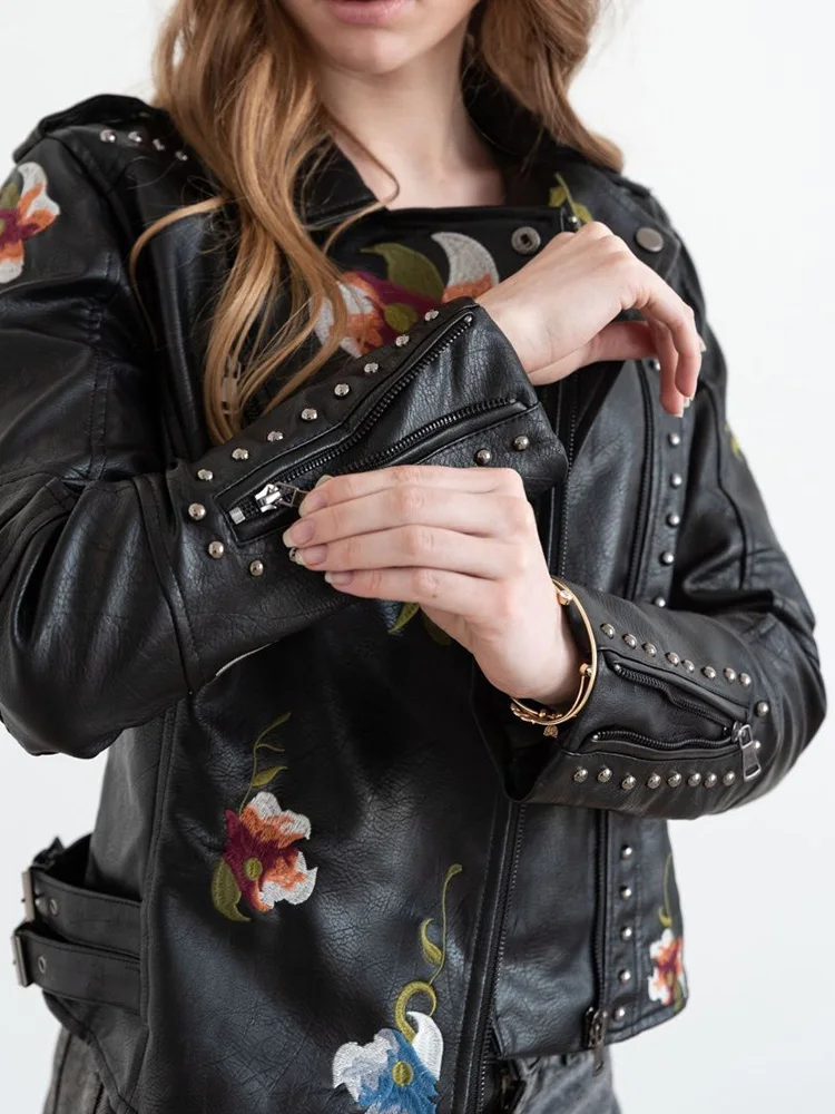 Lady Women Vintage Floral Print Embroidery Slim Fit Short Pu Faux Leather Jacket Streetwear Female Zipper Rivet Coat Outwear - Image 2