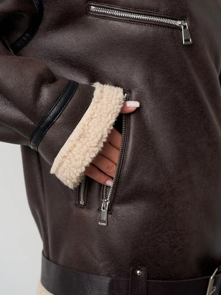 Lady Streetwear Women Loose Warm Faux Leather Lamb Fur Jacket Vintage Female Zipper Belt Spliced Thick Chic Coat Outwear - Image 5