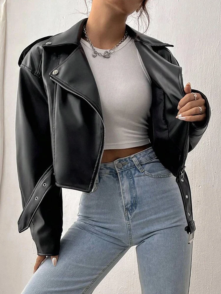 Lady New Spring Women Short Black Pu Faux Leather Jacket Streetwear Female Zipper Belt Moto Biker Coat Outwear