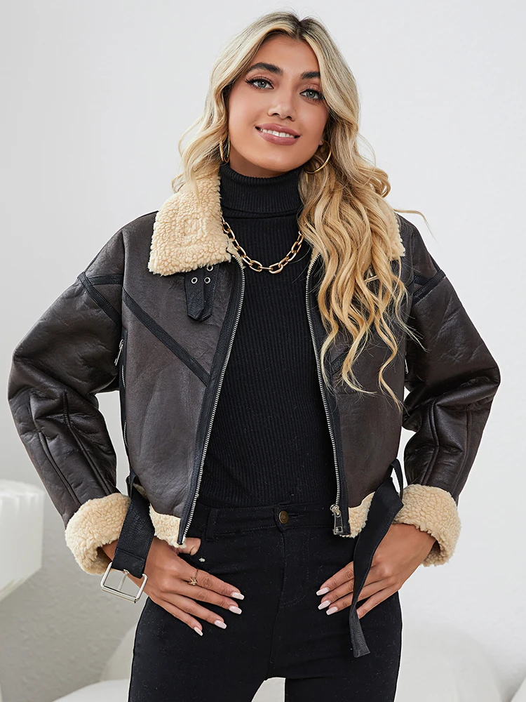 Lady New Autumn Winter Women Faux Lamb Leather Short Jacket with Belt Moto Biker Female Zipper Warm Fur Coat Outwear Tops - Image 3