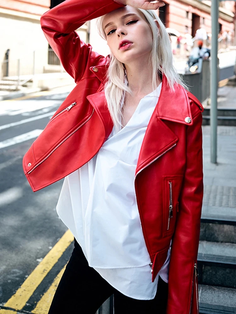Fitaylor Autumn Winter Women Faux PU Leather Coat Casual Lady Red Motorcycle Jacket Vintage Lapel Short Biker Jacket - Image 3