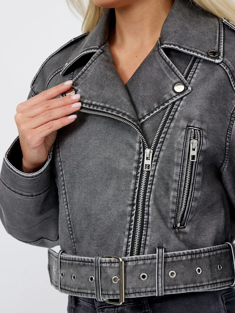 Lady Streetwear Women Loose Retro Zipper Faux Leather Short Jacket with Belt Vintage Female Moto Biker Coat Chic Outwear - Image 6