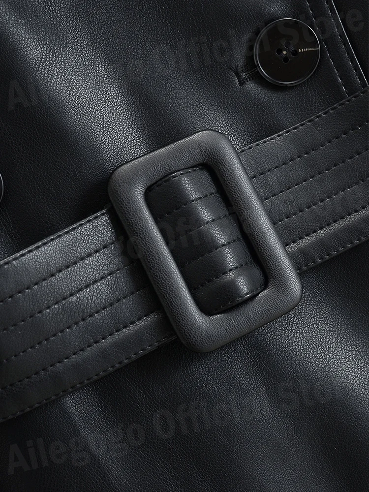 Lady Streetwear Female Loose Long PU Faux Leather Windbreaker with Belt Spring Autumn Women Double Breasted Coat Outwear - Image 4