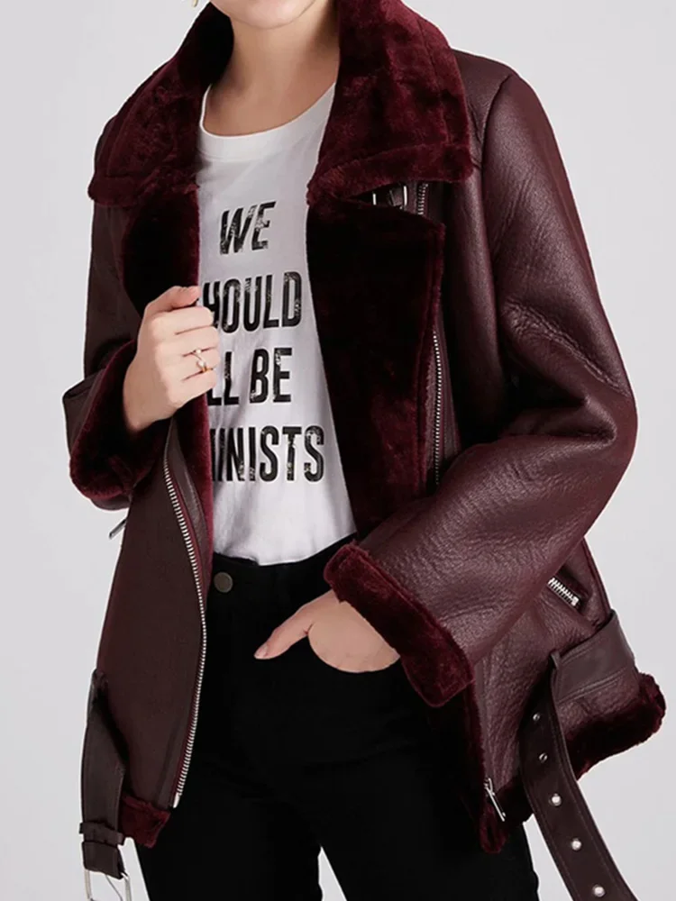 Lady Women Winter Warm Thick Windproof Motorcycle Coat with Belt Brown Suede Jacket Faux Lamb Leather Jacket Outwear - Image 4