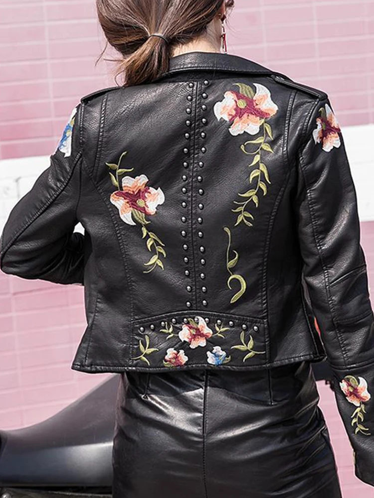 Lady Women Vintage Floral Print Embroidery Pu Faux Leather Jacket Spring Autumn Female Zipper Punk Moto Biker Coat Outwear - Image 3
