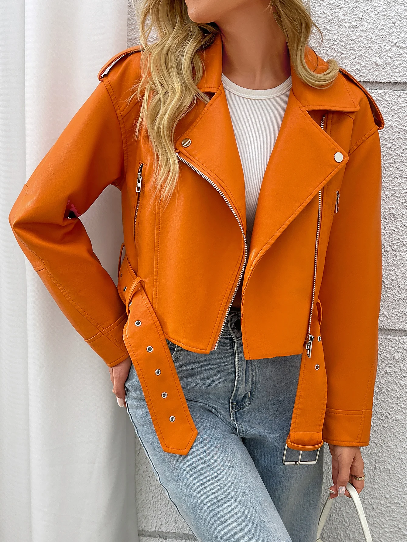 Fitaylor Spring Autumn Women PU Leather Jacket Lady Lapel Motorcycle Leather Outwear Casual Orange Coat - Image 4