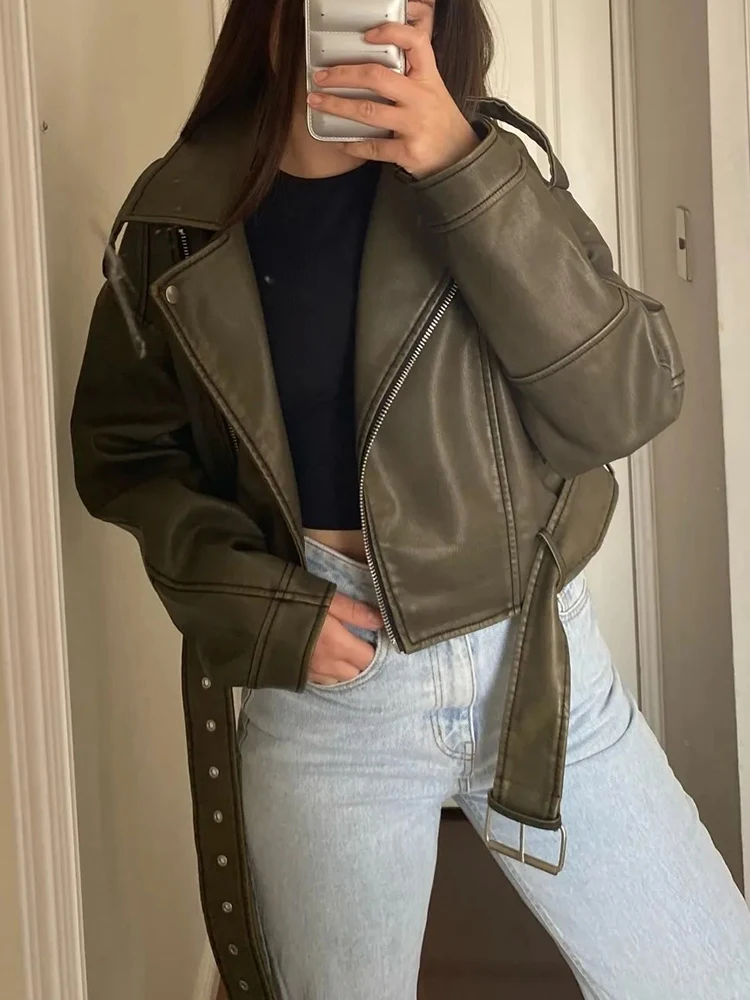 Lady Vintage Women Loose Long Sleeve Pu Faux Leather Short Jacket with Belt Streetwear Female Retro Moto Biker Coat Outwear - Image 6