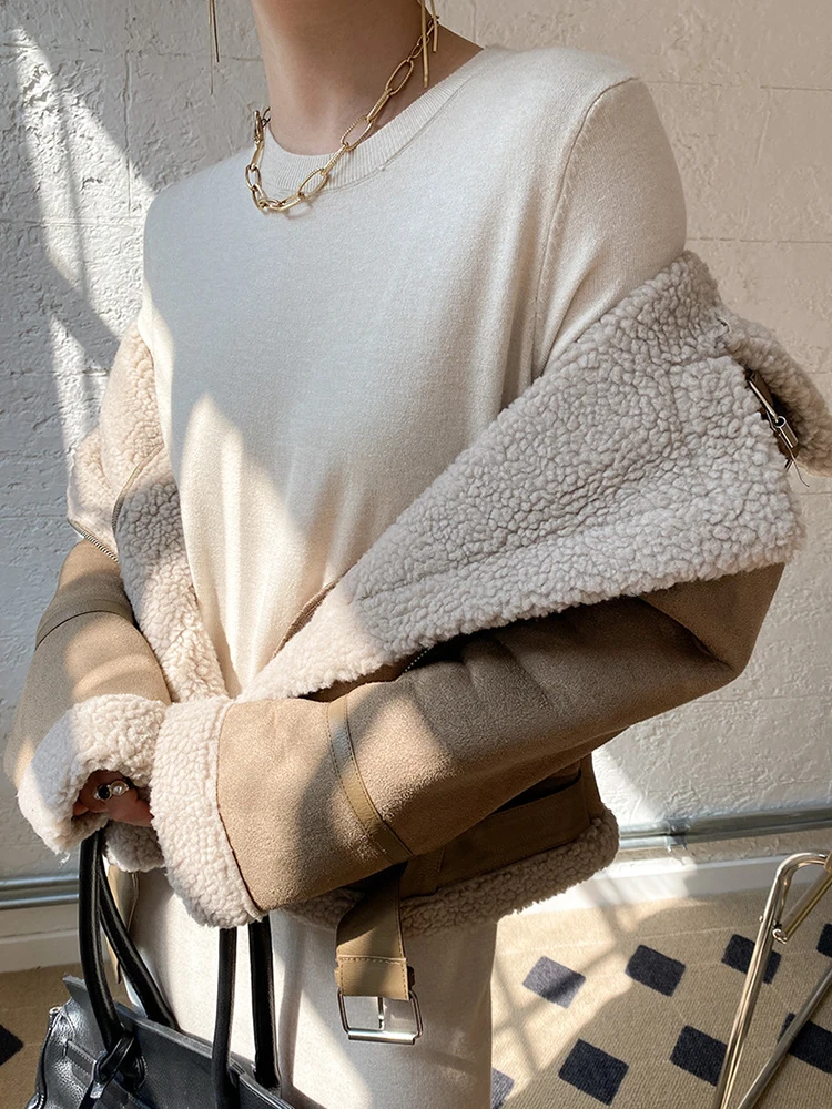 Lady Streetwear Women Retro Slim Thick Warm Faux Suede Leather Fur Short Jacket Moto Biker Female Zipper Belt Coat Outwear - Image 4