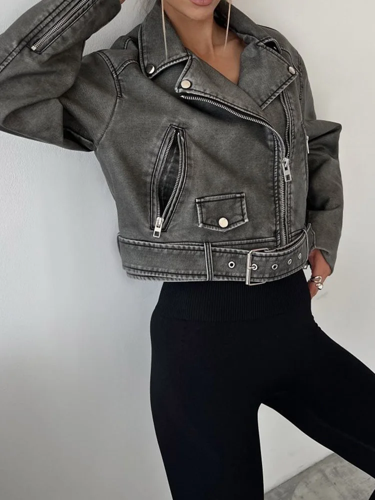 Lady Streetwear Women Retro Loose Zipper Pu Faux Leather Short Jacket Vintage Female Belt Moto Biker Chic Coat Outwear Tops - Image 4