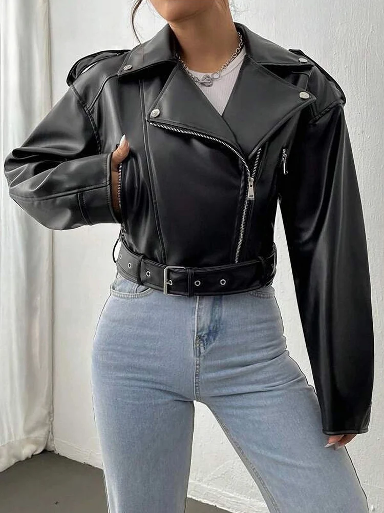 Lady New Spring Women Short Black Pu Faux Leather Jacket Streetwear Female Zipper Belt Moto Biker Coat Outwear - Image 2