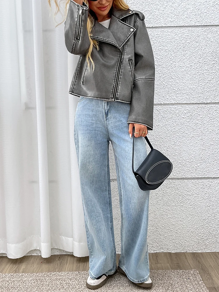 Lady Spring Autumn Women Loose Retro Faux Leather Jacket Streetwear Female Zipper Moto Biker Coat Outwear - Image 6