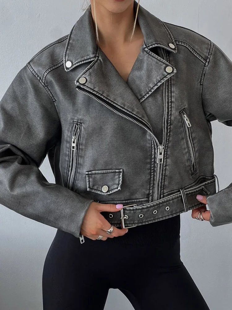 Lady Streetwear Women Retro Loose Zipper Pu Faux Leather Short Jacket Vintage Female Belt Moto Biker Chic Coat Outwear Tops