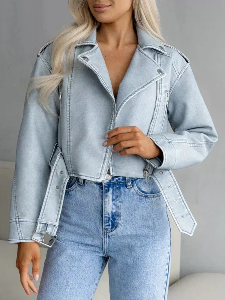 Lady Spring Autumn Women Retro Blue Faux Leather Jacket Streetwear Female Zipper Belt Coat Vintage Outwear - Image 3