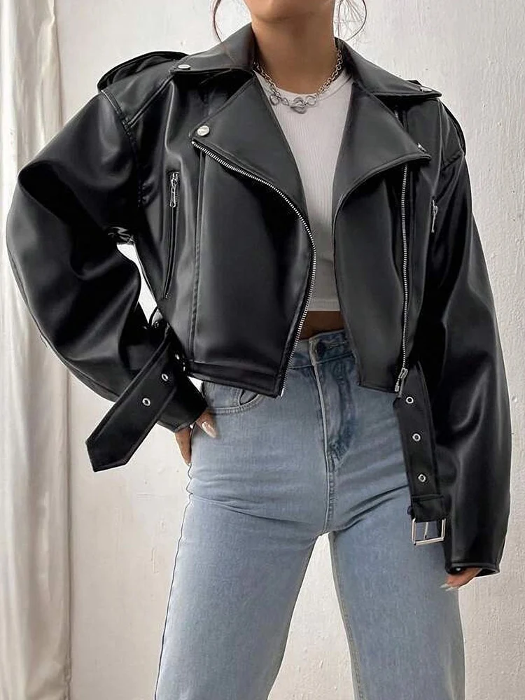 Lady New Spring Women Short Black Pu Faux Leather Jacket Streetwear Female Zipper Belt Moto Biker Coat Outwear - Image 3