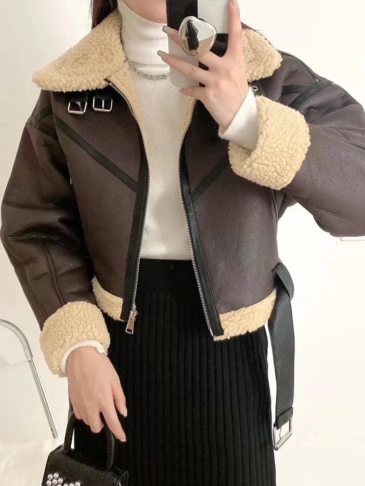 Lady Winter Women Streetwear Faux Lamb Leather Fur Short Jacket with Belt Moto Biker Thick Warm Sheepskin Coat Outwear - Image 3