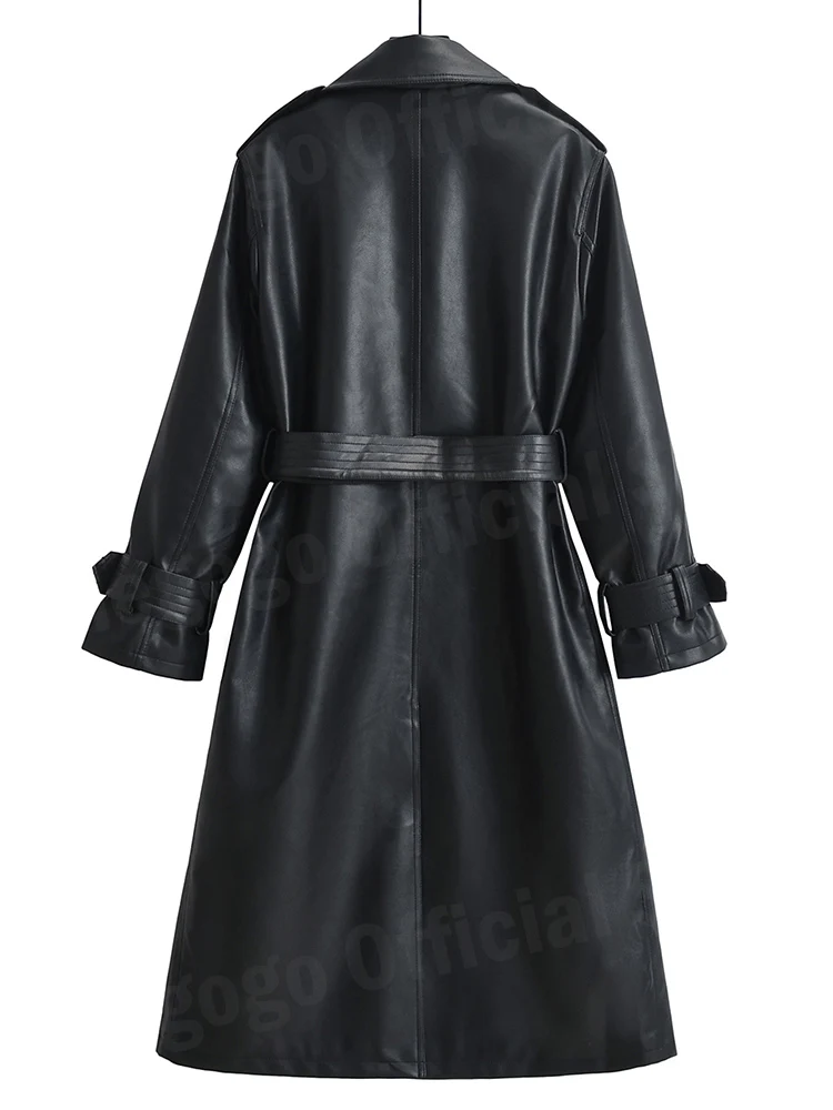 Lady Streetwear Female Loose Long PU Faux Leather Windbreaker with Belt Spring Autumn Women Double Breasted Coat Outwear - Image 2