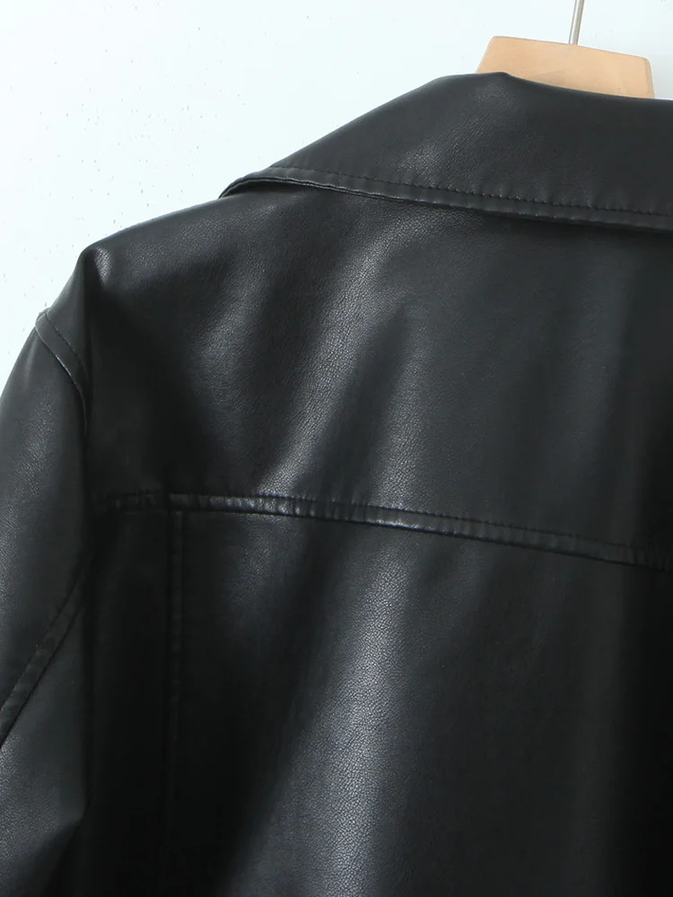 Lady Spring Autumn Women Streetwear Loose Black Pu Faux Leather Jacket Moto Biker Female Zipper Spliced Coat Chic Outwear - Image 6