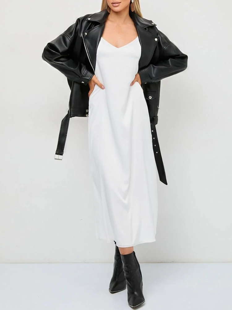 Lady Streetwear Women Moto Biker Loose Black Pu Faux Leather Jacket Spring Autumn Female Zipper Belt Coat Outwear - Image 5