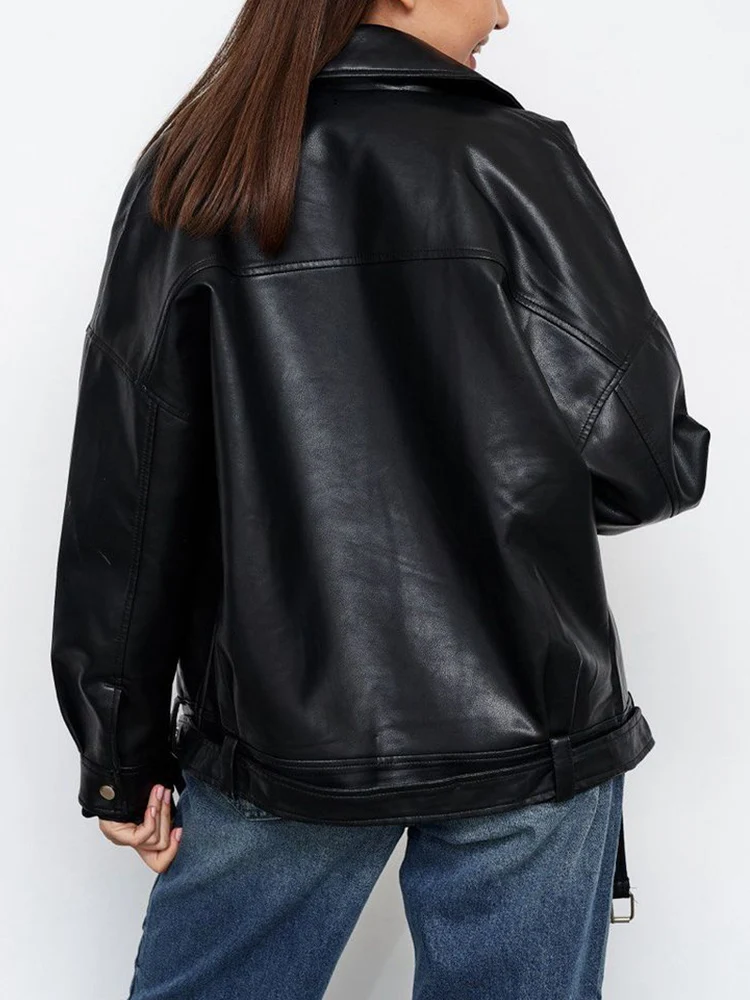 Lady Spring Autumn Women Black Loose Pu Faux Leather Jacket Streetwear Female Moto Biker Zipper Belt Coat Outwear - Image 4