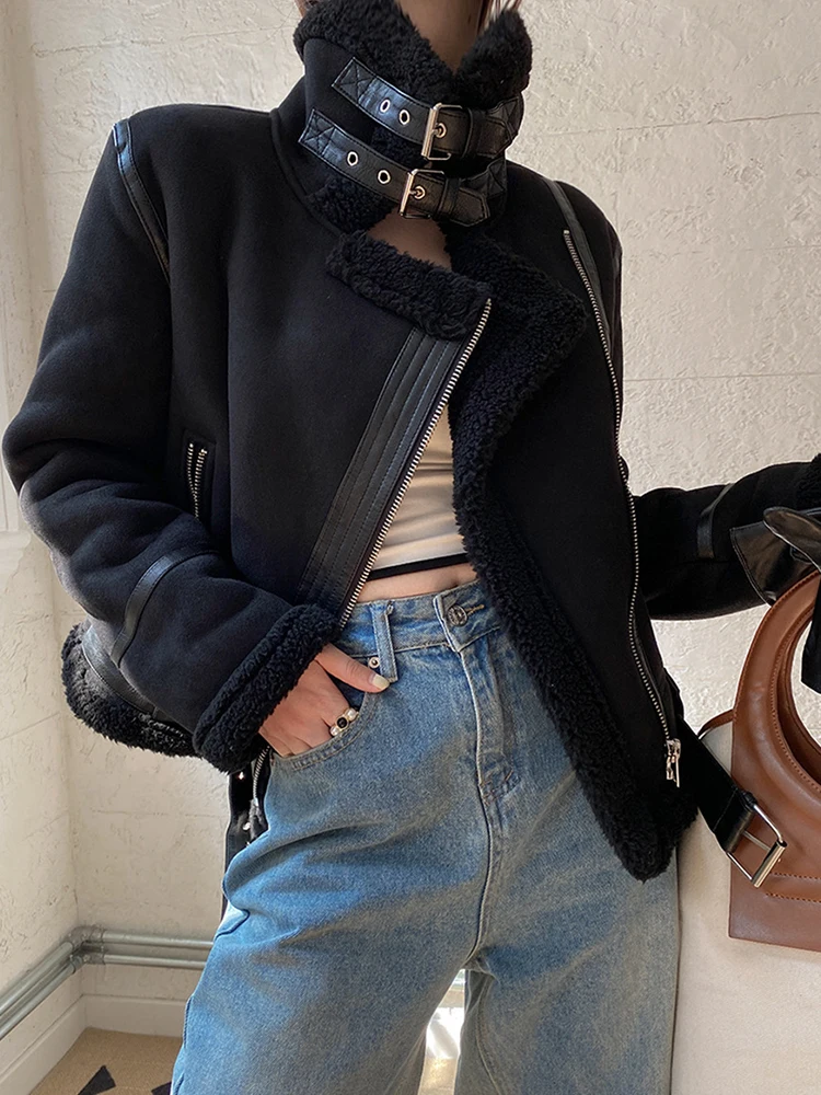 Lady Women Winter Faux Shearling Sheepskin Leather Jackets Female Thick Warm Suede Lambs Short Motorcycle Brown Coat Outwear - Image 5