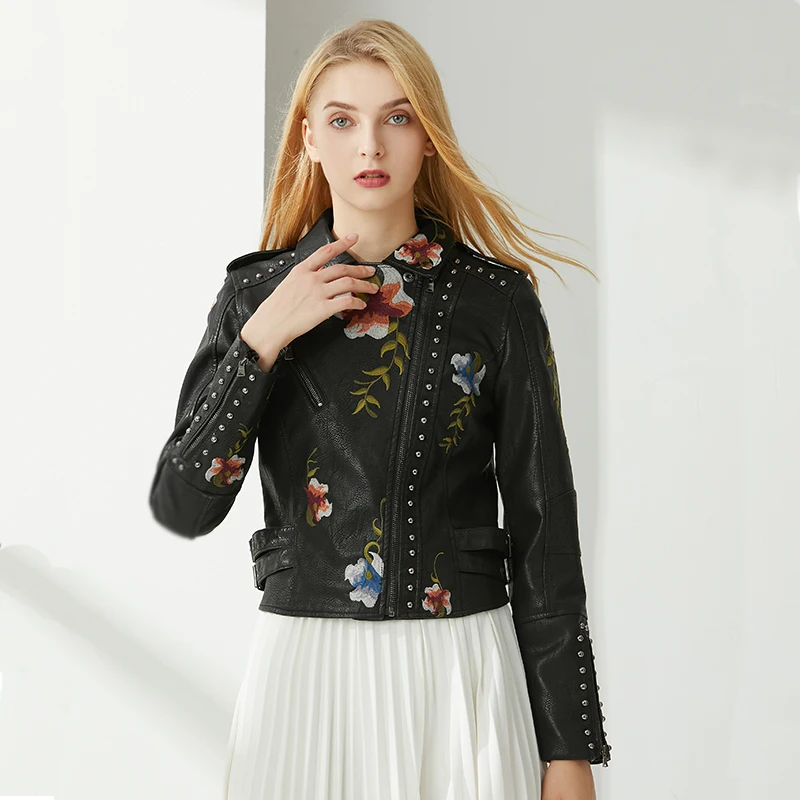 Fitaylor Spring Autumn Women Faux PU Leather Jacket Casual Lady Rivet Floral Embroidery Leather Jacket - Image 4